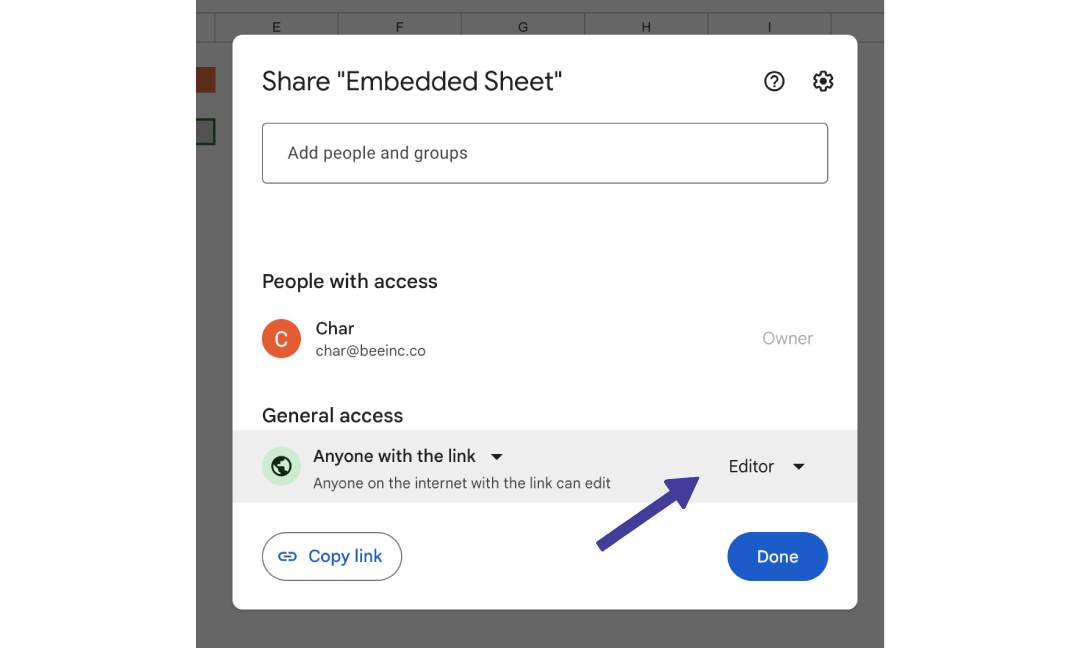 Edit Permissions Embedded Sheet