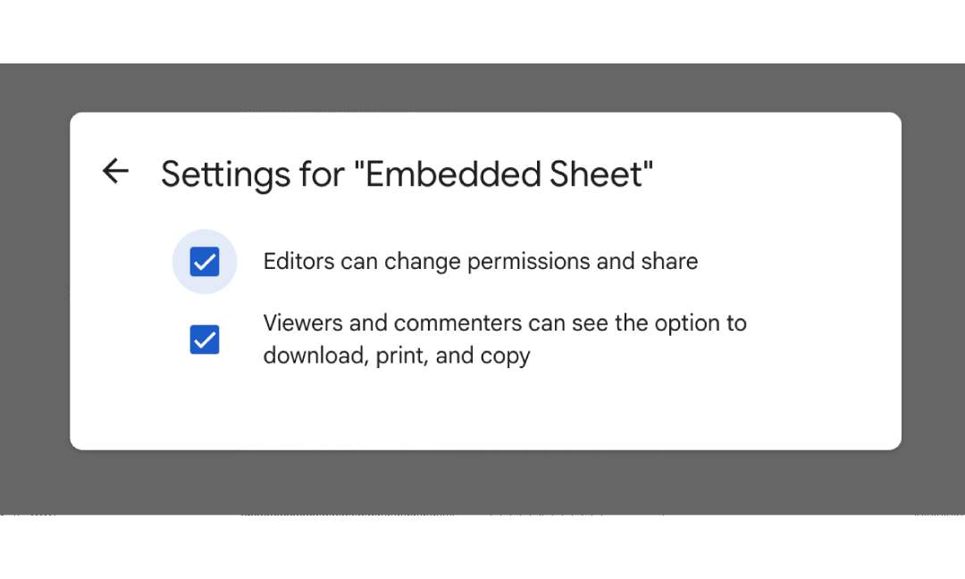 Settings For Embedded Sheet